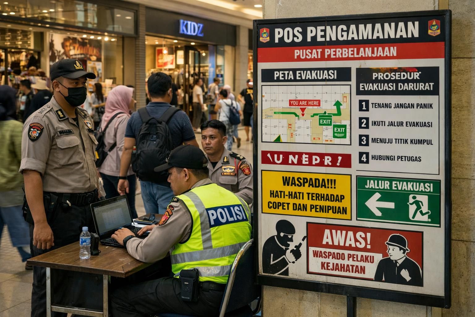 polisi meningkatkan keamanan di fasilitas publik di kota-kota besar indonesia untuk melindungi masyarakat dan mencegah tindakan kriminal.