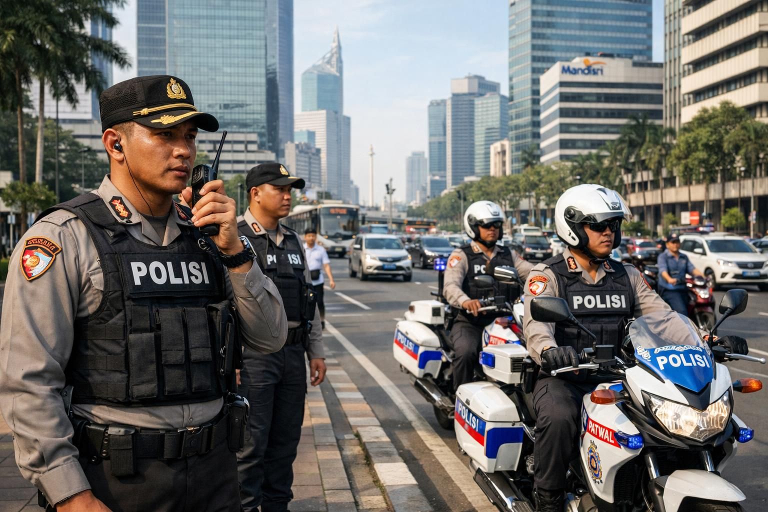 polisi meningkatkan patroli keamanan di pusat kota jakarta menjelang agenda nasional untuk memastikan ketertiban dan keselamatan masyarakat.