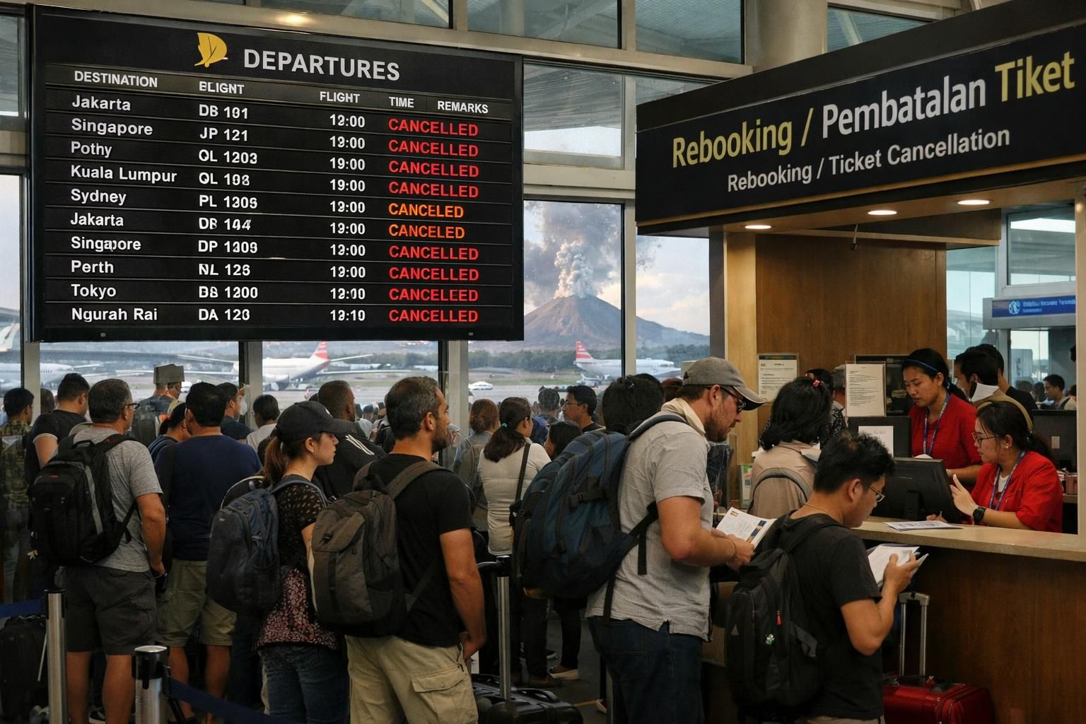 banyak penerbangan ke bali, indonesia dibatalkan akibat letusan gunung berapi, menyebabkan gangguan perjalanan dan evakuasi darurat.