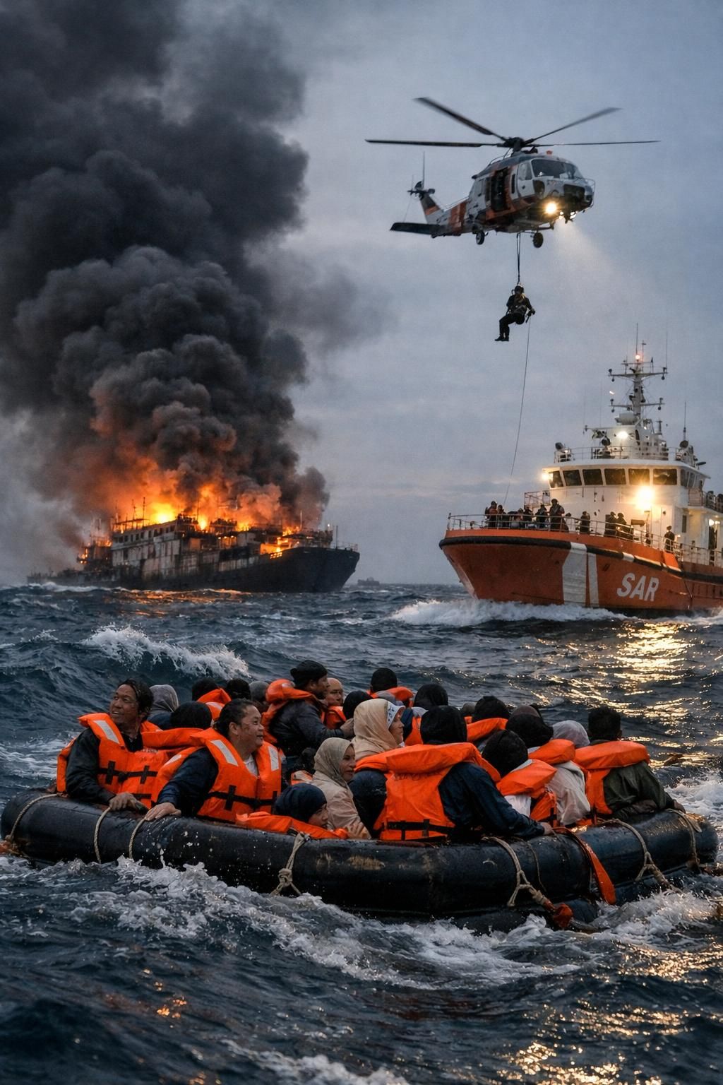 tim penyelamat indonesia berhasil mengevakuasi puluhan penumpang dari kapal feri yang terbakar, insiden tragis ini menewaskan setidaknya satu orang. layanan darurat terus bekerja untuk memastikan keselamatan semua korban.