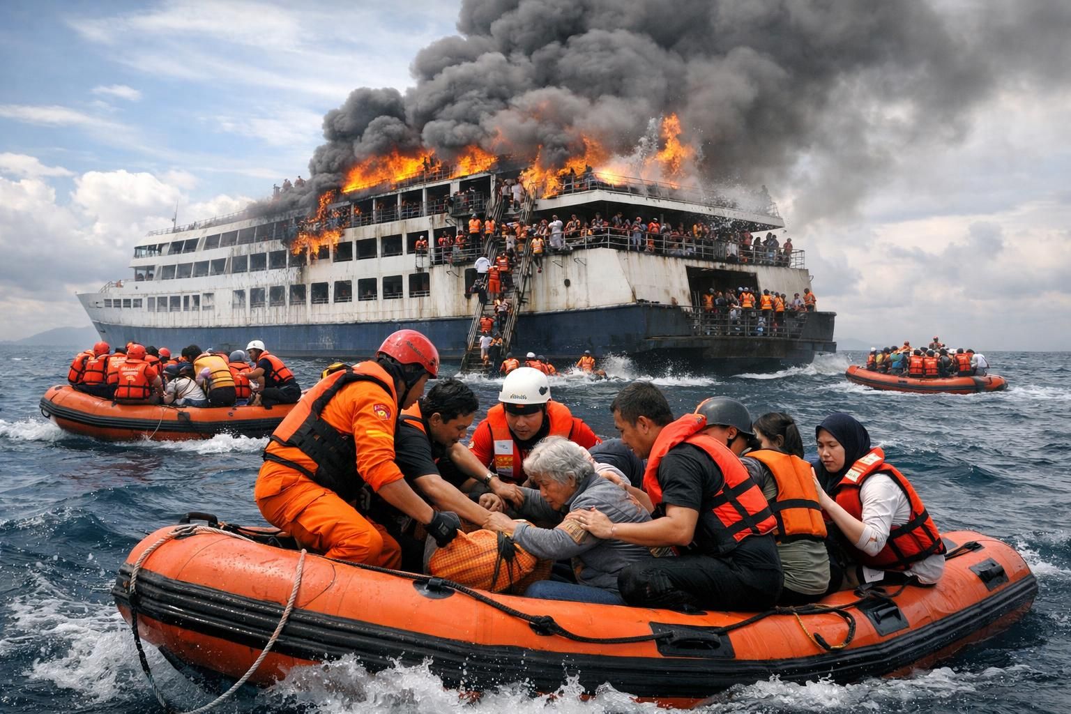 tim penyelamat indonesia berhasil mengevakuasi puluhan penumpang dari kapal feri yang terbakar dan menyebabkan setidaknya 1 orang meninggal dunia. operasi penyelamatan berlangsung intensif untuk memastikan keselamatan semua penumpang.